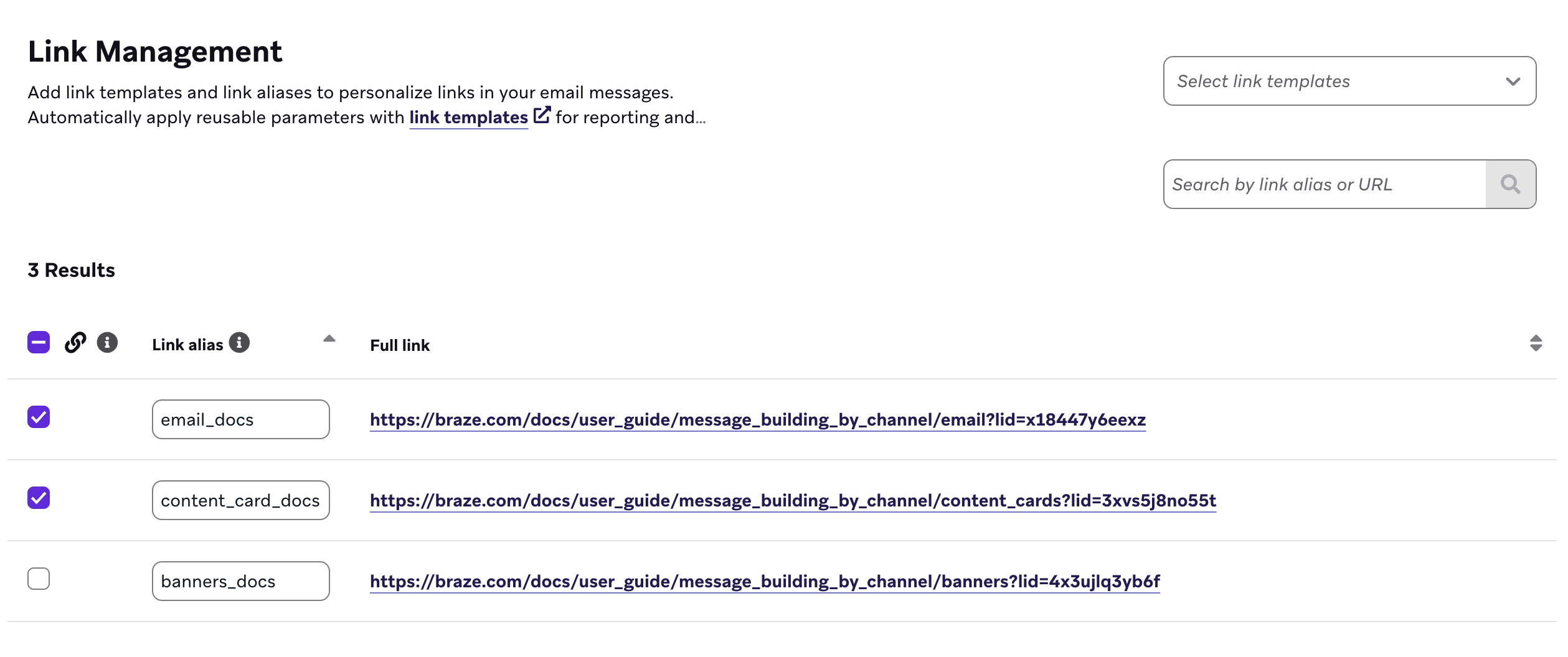 The Link Management tab with two selected links.