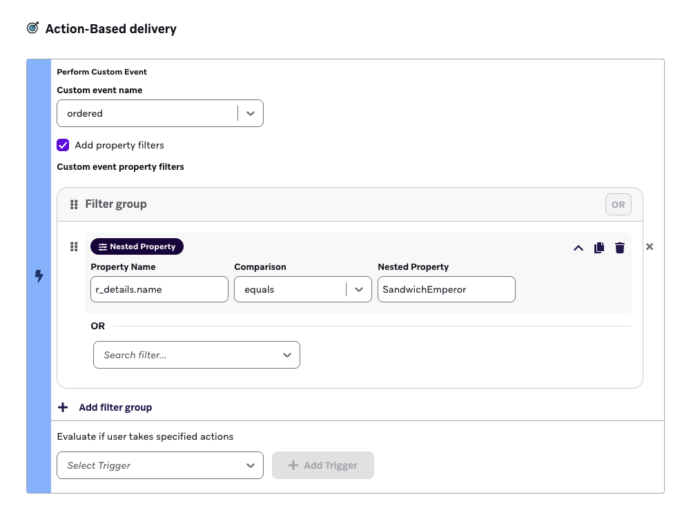 A user adding the property filter r_details.name is SandwichEmperor for a custom event.