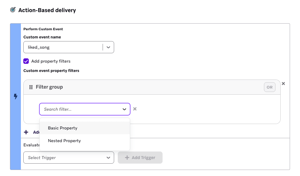 A user choosing a nested property for property filters on a custom event.