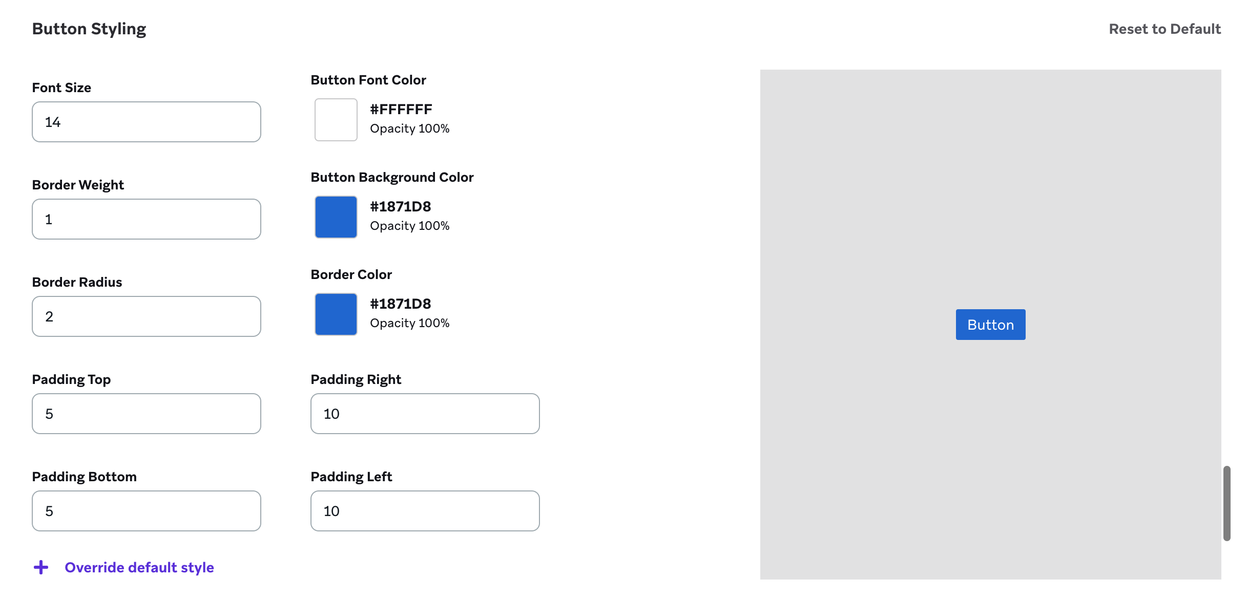 Button Styling settings for a rectangular button with a blue background.