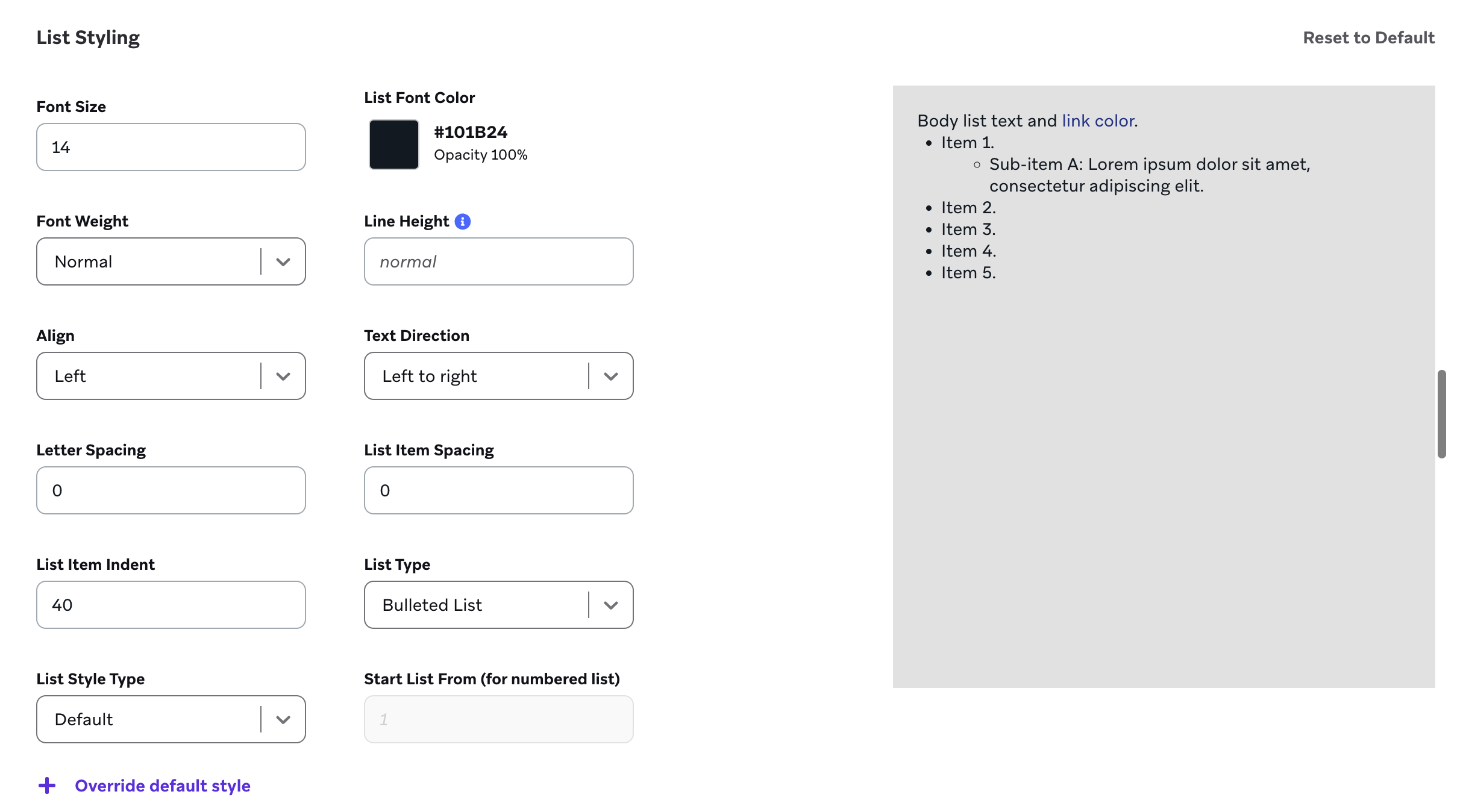 List Styling settings for a bulleted list.