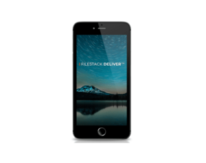 A smartphone displaying a scenic photo of a mountain and lake with a night sky. The screen shows the text: FILESTACK DELIVER™ in the top right corner. The phone is centered on a white background.
