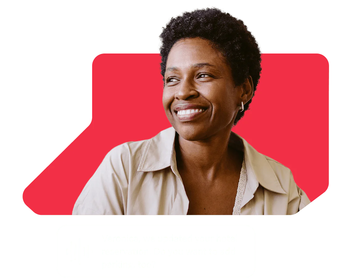 Smiling woman with a message about hotel reservation and parking.