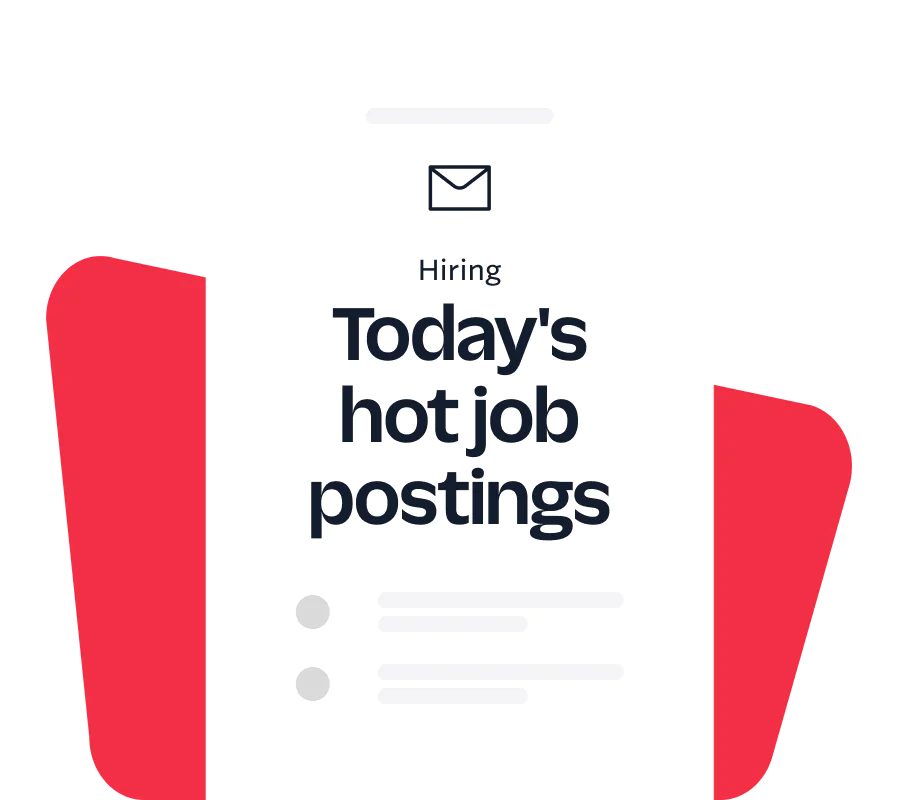 Phone screen showing Today's hot job postings with an envelope icon and a red background design