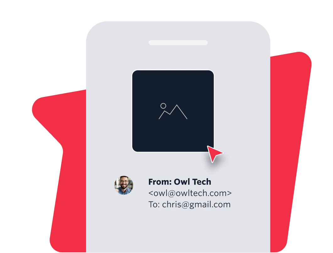 Smartphone screen showing an email notification from Owl Tech to chris@gmail.com