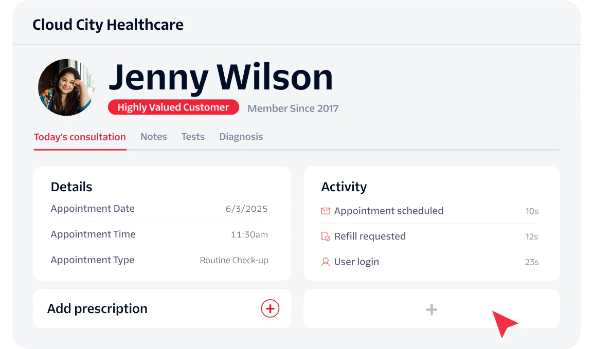 Cloud City Healthcare dashboard for Jenny Wilson showing appointment and activity details.