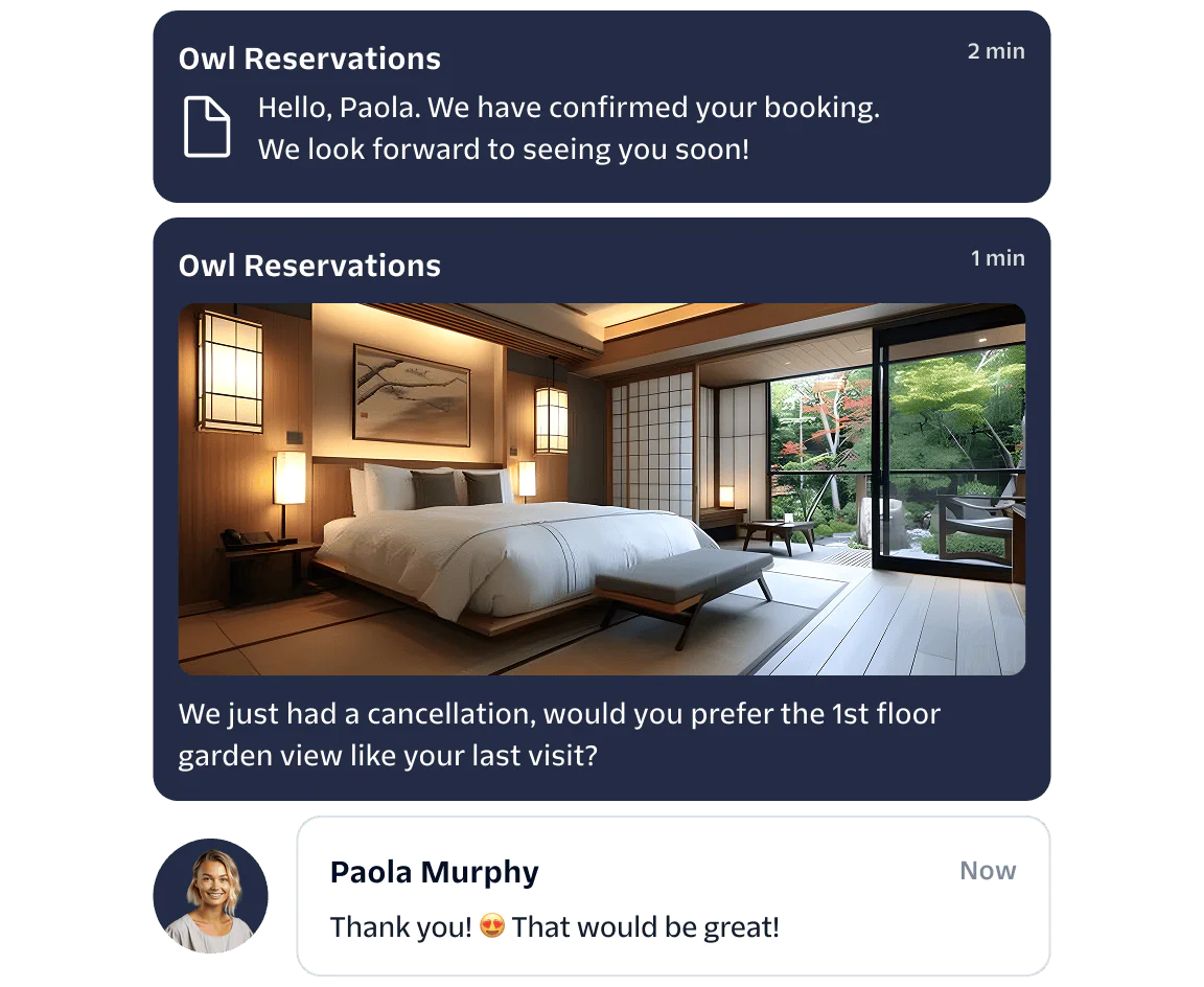 Hotel booking confirmation and room preference messages with a photo of a Japanese-style room, and a customer reply.
