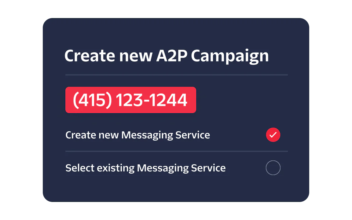 Interface for creating a new A2P campaign with an option to create or select a messaging service