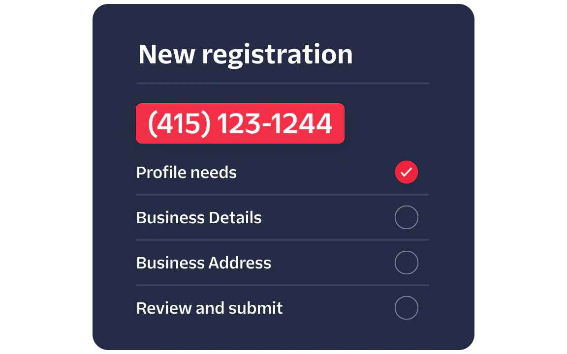 A registration form showing profile needs completed, business details, address, and review steps pending.