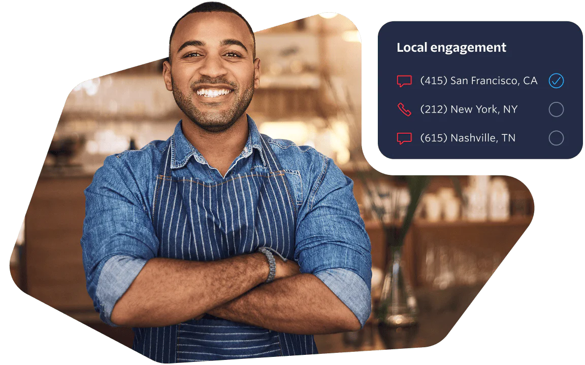 Smiling barista in a coffee shop with a contact list for local engagement on the side.