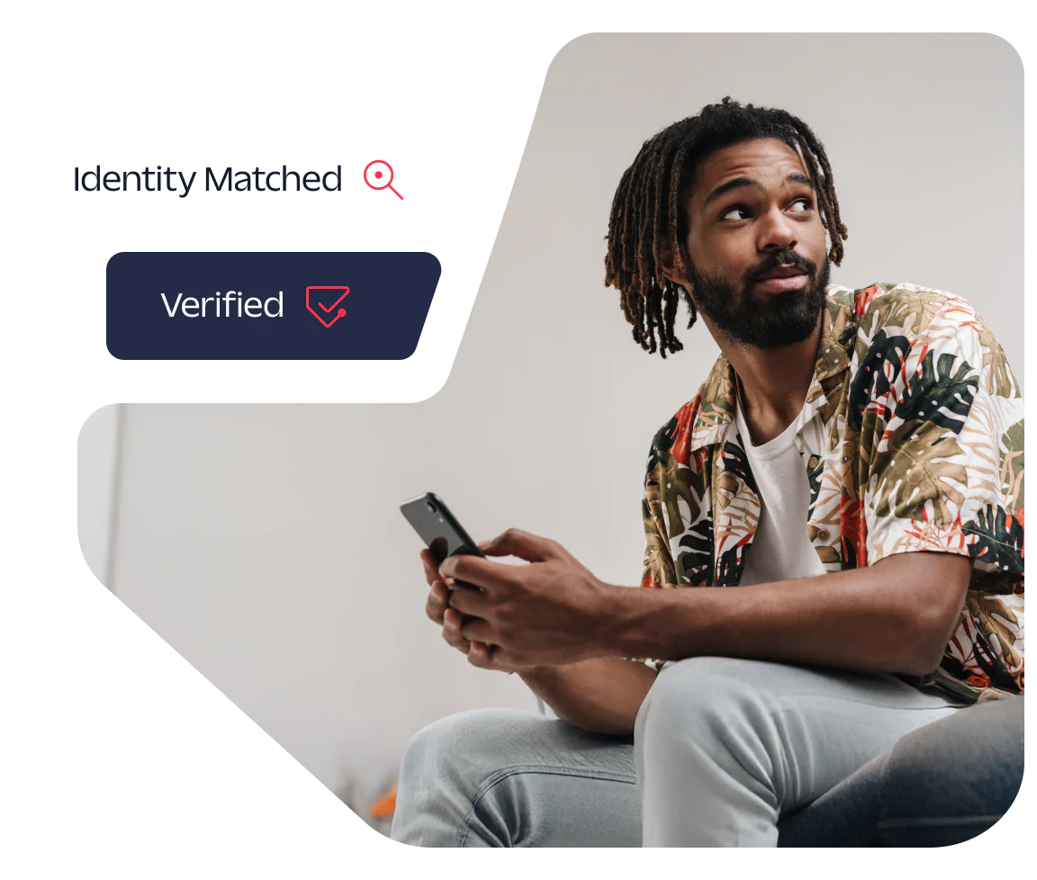 Illustration showing a business verifying a customer’s information via SMS and a UI tracking verification attempts. 