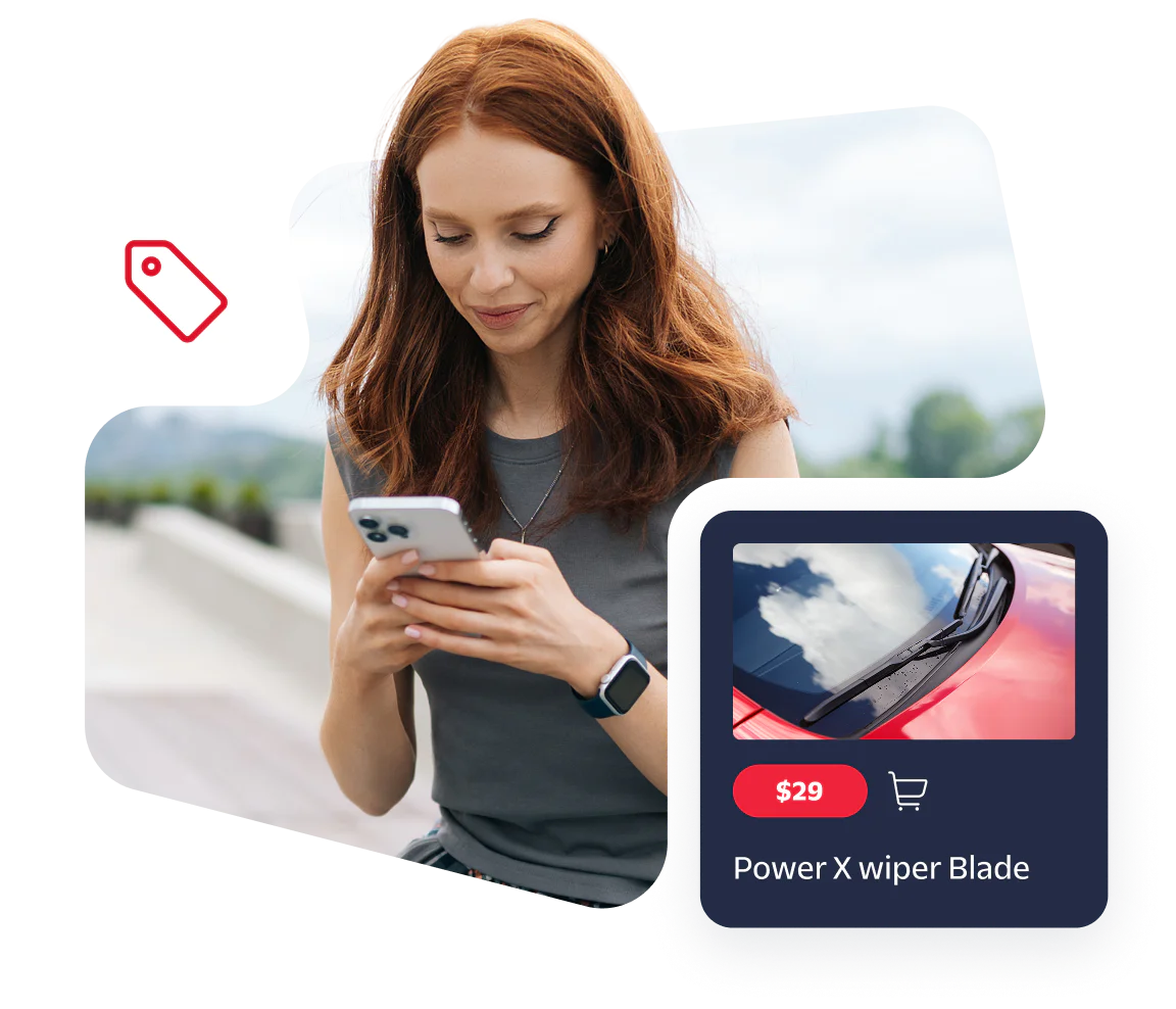 Woman looking at a smartphone with an online shopping app showing a wiper blade product