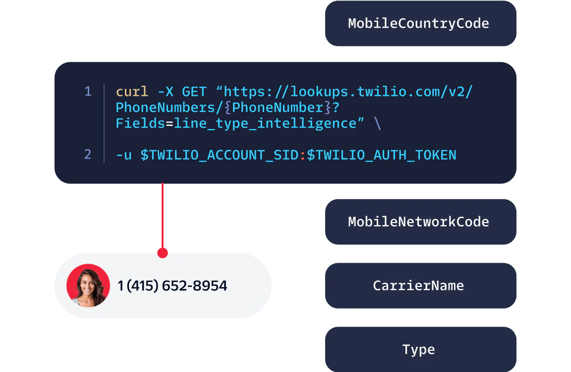 Code example showing a cURL command to retrieve phone number information using Twilio API with a phone number displayed.